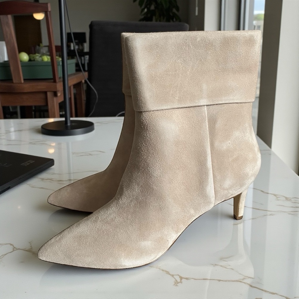 Calvin Klein Genteel Beige Suede Ankle Boots Womens 9M Stiletto Bootie NEW